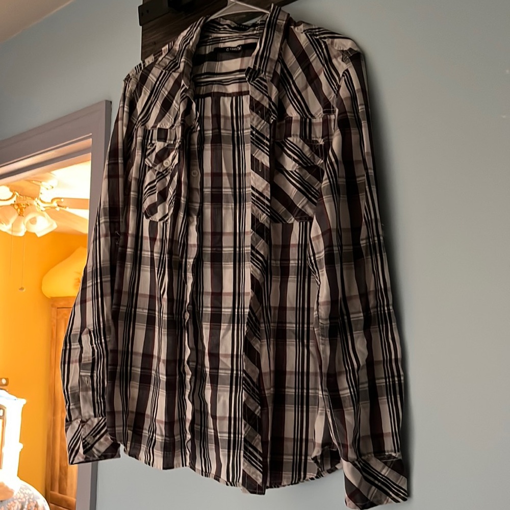 black and white with red accents plaid long sleeve button up